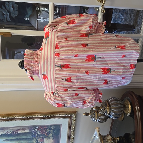 Karlie Poppy Stripe Puff Sleeve Ruffle Button Up Top Pink White Red M EUC - Picture 9 of 11
